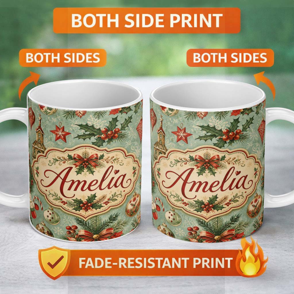 Personalized Custom Name Vintage Christmas Baubles Holly Berries Candy Cane and Snowflakes 11oz Ceramic Coffee Tea Mug White Large Handle