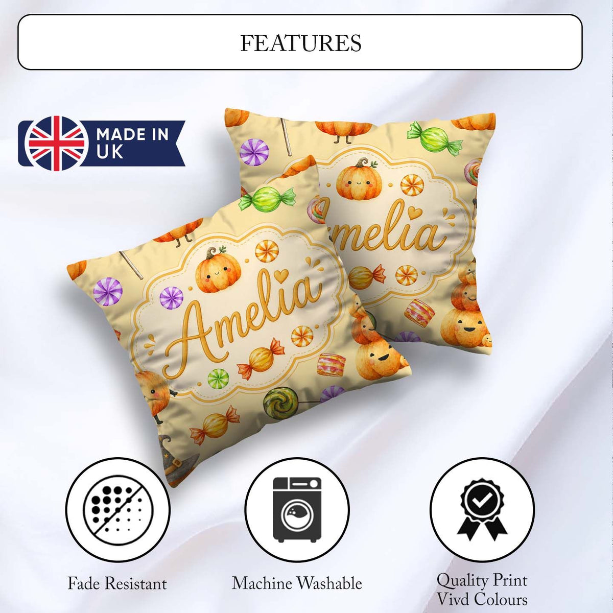 Custom Name Watercolor Pumpkins and Candy Sweets on Pale Yellow Square Filled Cushion Throw Pillow Sofa Bed Home Decor Zip Washable UK Made