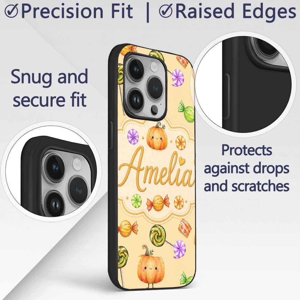 Cute Watercolor Pumpkins and Candy Sweets on Pale Custom Name Protective Phone Case Mobile Cover Durable Everyday Smartphone Shock Resistant