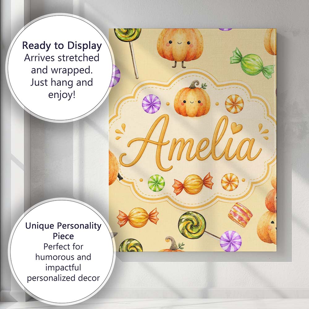 Personalised Name Cute Watercolor Pumpkins Custom Unique Gift Idea Elegant Feature Canvas Wall Art Print Decor Picture Ready to Hang