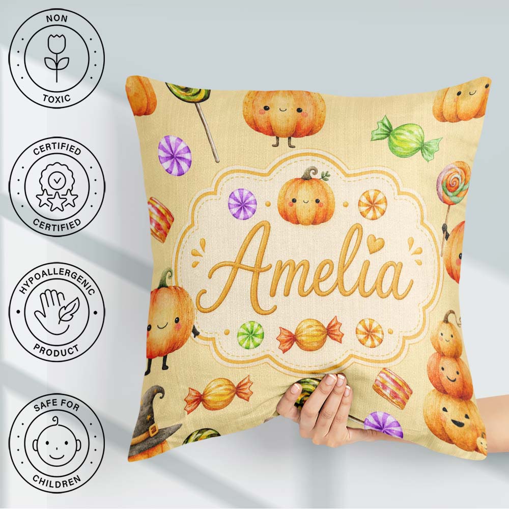 Custom Name Watercolor Pumpkins and Candy Sweets on Pale Yellow Square Filled Cushion Throw Pillow Sofa Bed Home Decor Zip Washable UK Made