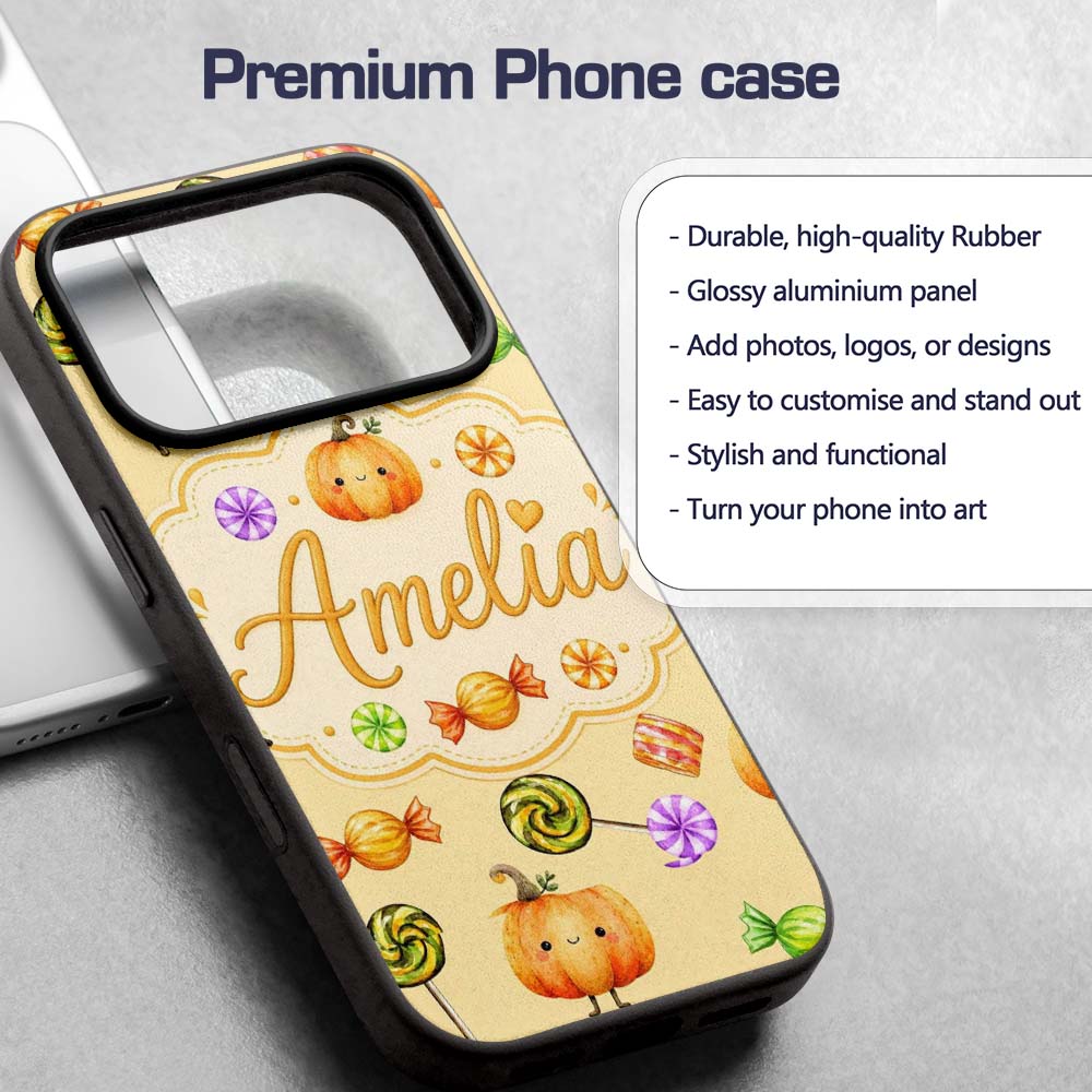Cute Watercolor Pumpkins and Candy Sweets on Pale Custom Name Protective Phone Case Mobile Cover Durable Everyday Smartphone Shock Resistant