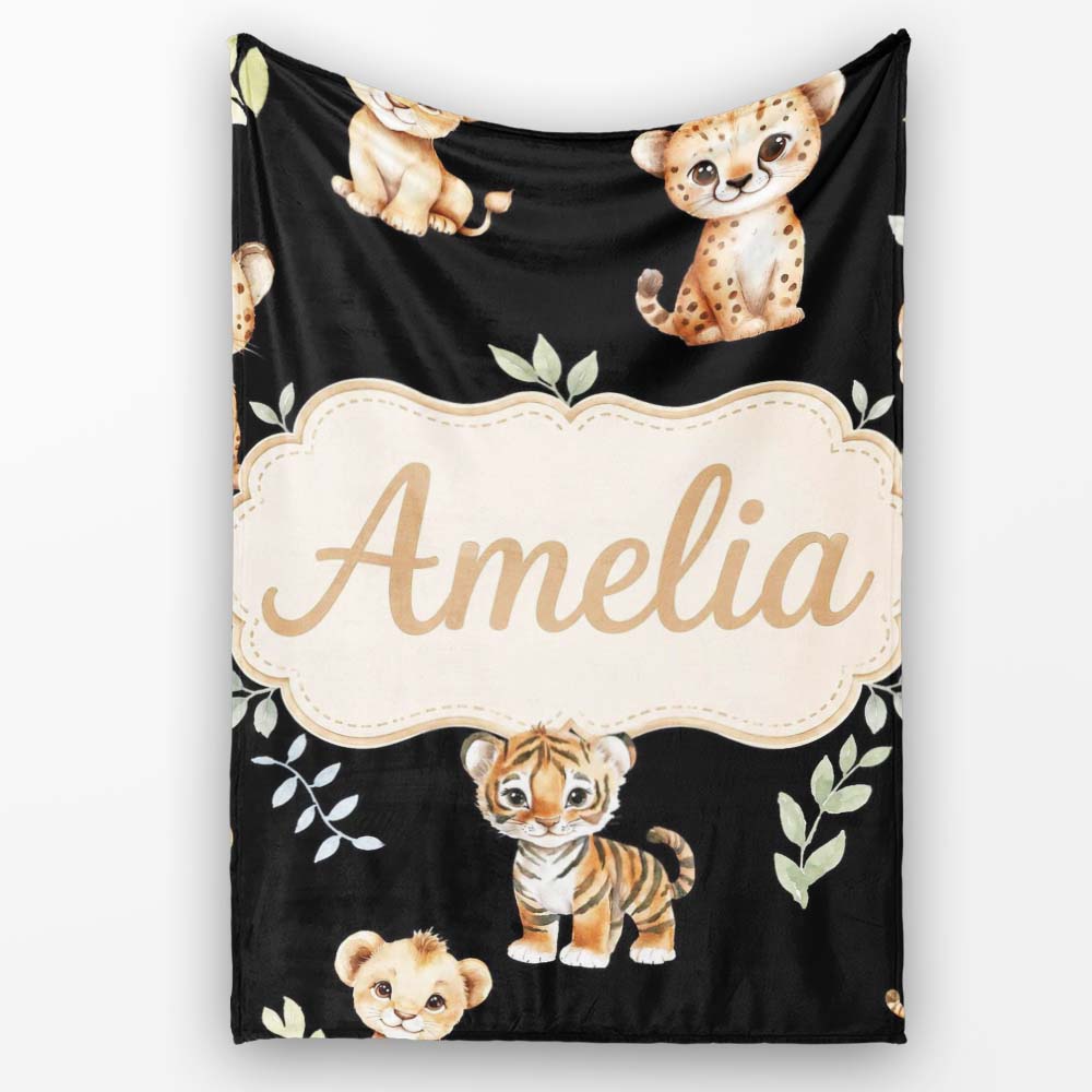 Adorable Baby Jungle Animals with Leaves on Black Background Lovely Personalised Custom Name Super Soft Fleece Blanket Bed Sofa Throw