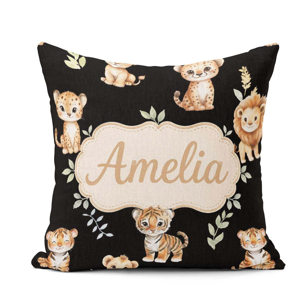 Custom Name Adorable Baby Jungle with Leaves on Black Background Square Filled Cushion Throw Pillow Sofa Bed Home Decor Zip Washable UK Made