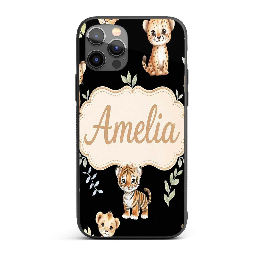 Adorable Baby Jungle Animals with Leaves on Black Custom Name Protective Phone Case Mobile Cover Durable Everyday Smartphone Shock Resistant