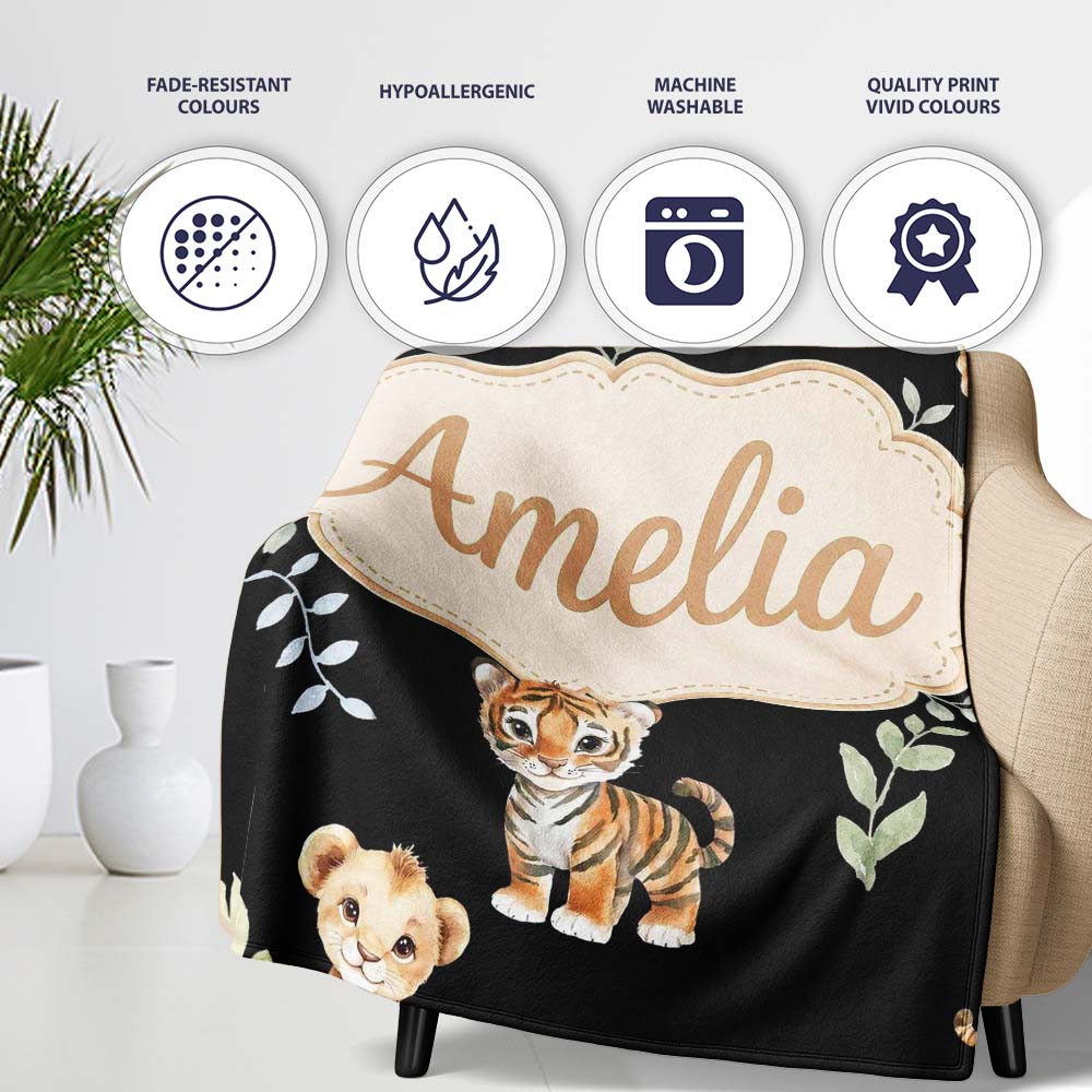 Adorable Baby Jungle Animals with Leaves on Black Background Lovely Personalised Custom Name Super Soft Fleece Blanket Bed Sofa Throw