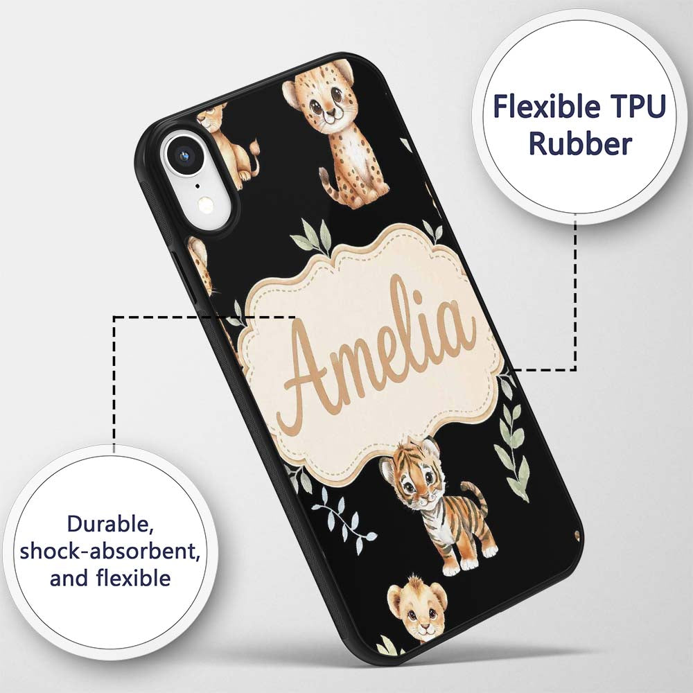 Adorable Baby Jungle Animals with Leaves on Black Custom Name Protective Phone Case Mobile Cover Durable Everyday Smartphone Shock Resistant