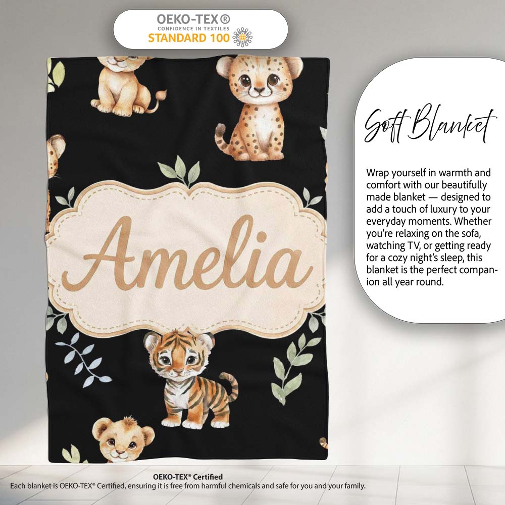 Adorable Baby Jungle Animals with Leaves on Black Background Lovely Personalised Custom Name Super Soft Fleece Blanket Bed Sofa Throw