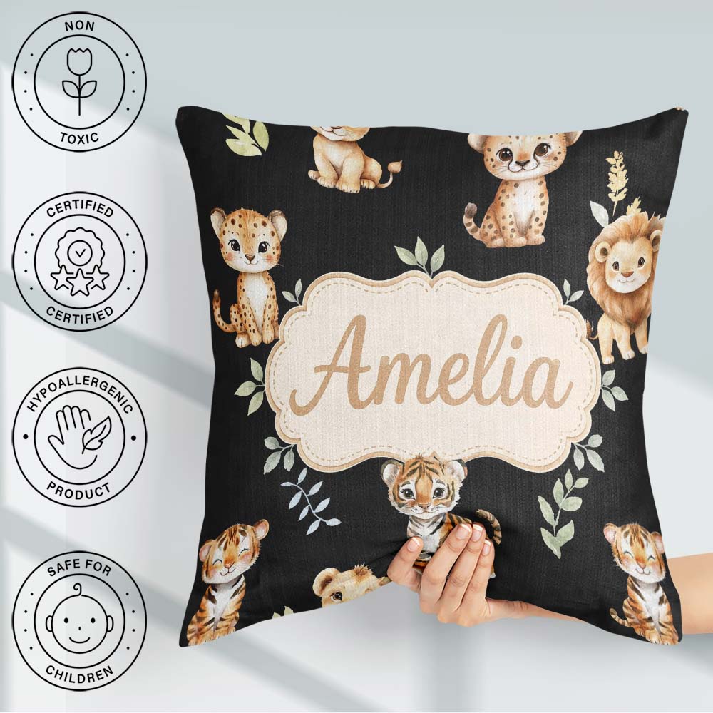 Custom Name Adorable Baby Jungle with Leaves on Black Background Square Filled Cushion Throw Pillow Sofa Bed Home Decor Zip Washable UK Made
