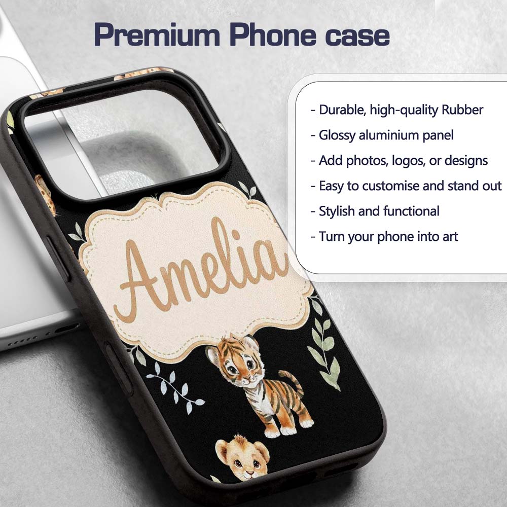Adorable Baby Jungle Animals with Leaves on Black Custom Name Protective Phone Case Mobile Cover Durable Everyday Smartphone Shock Resistant