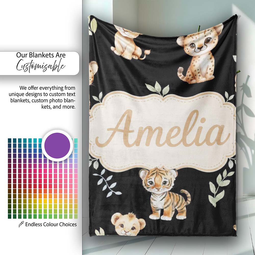 Adorable Baby Jungle Animals with Leaves on Black Background Lovely Personalised Custom Name Super Soft Fleece Blanket Bed Sofa Throw