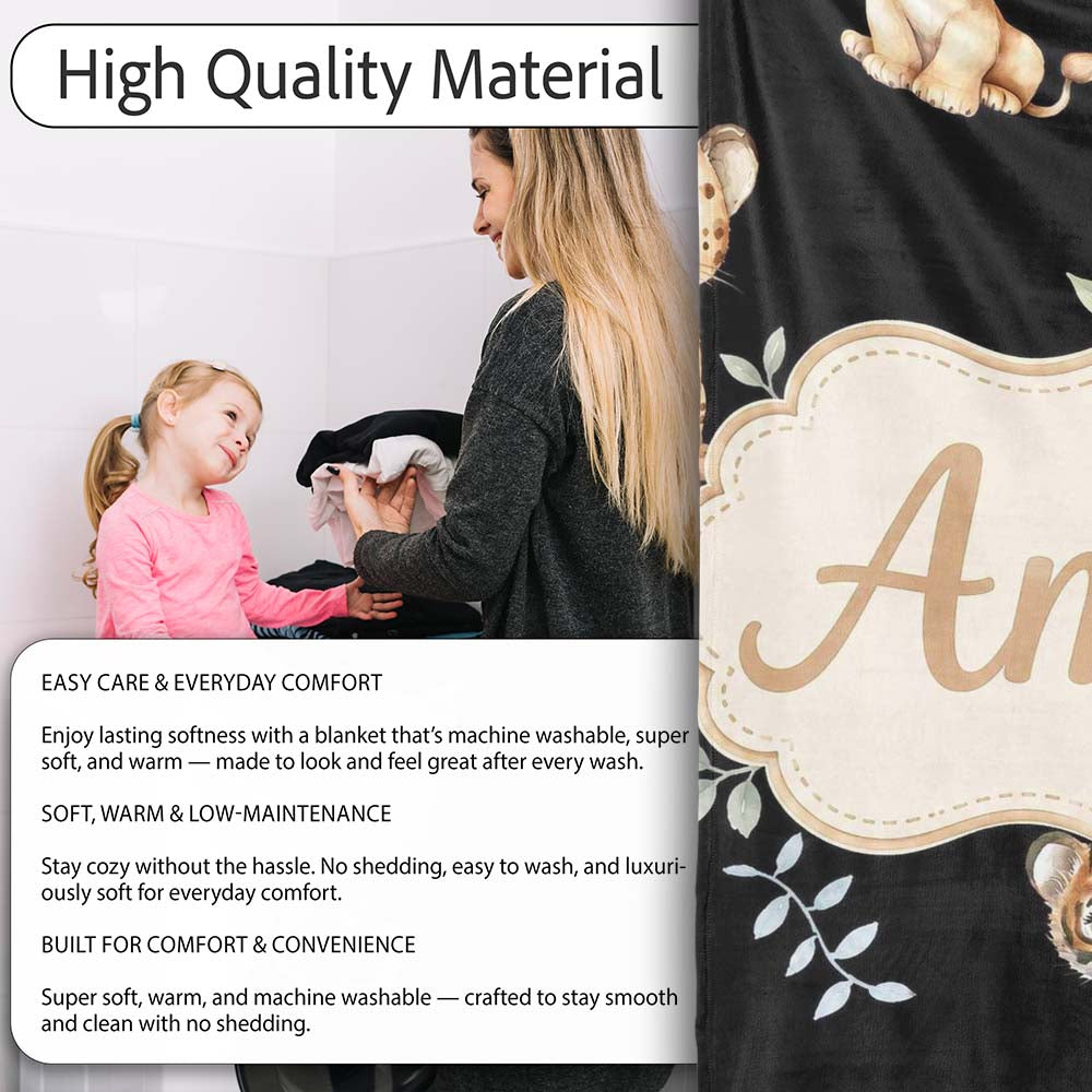 Adorable Baby Jungle Animals with Leaves on Black Background Lovely Personalised Custom Name Super Soft Fleece Blanket Bed Sofa Throw