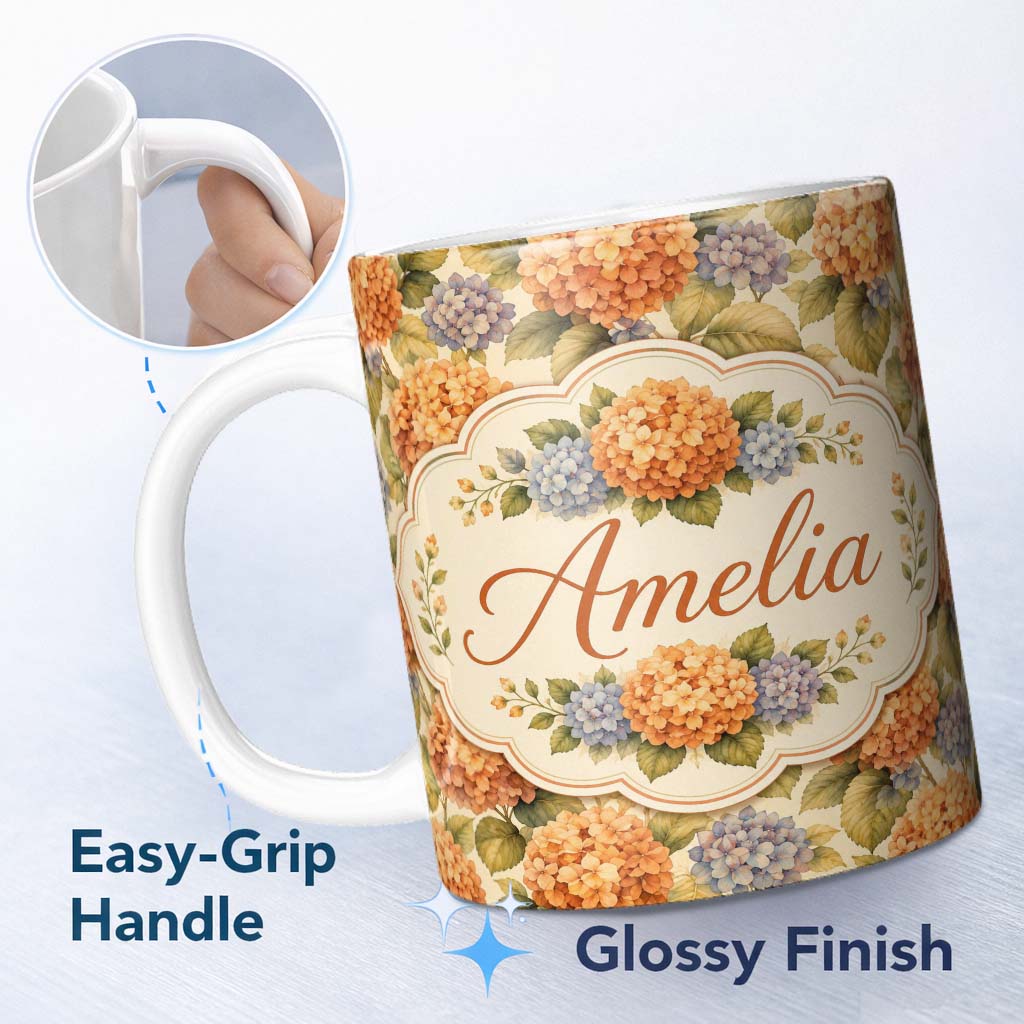 Personalized Custom Name Orange and Blue Hydrangea Vintage Floral Seamless Pattern Lovely 11oz Ceramic Coffee Tea Mug White Large Handle