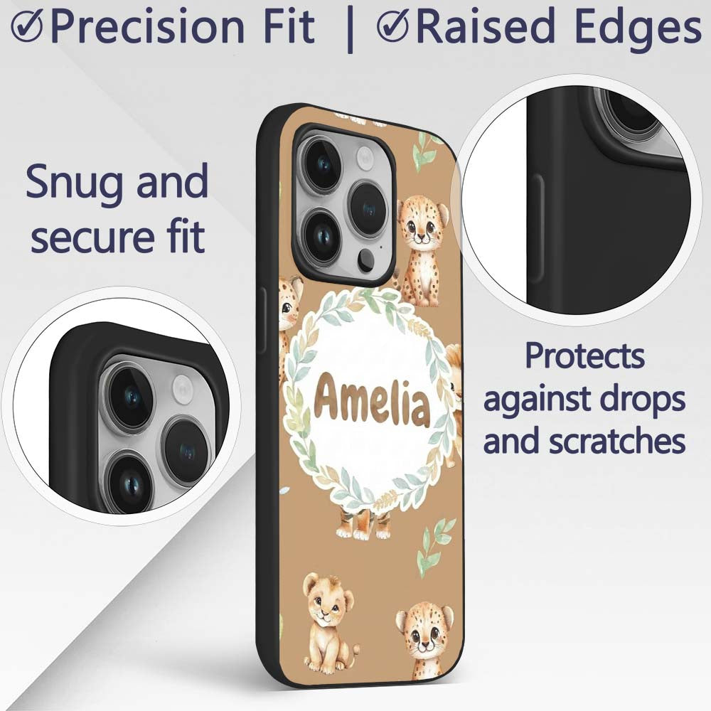 Cute Baby Jungle Animals with Leaves on Warm Tan Custom Name Protective Phone Case Mobile Cover Durable Everyday Smartphone Shock Resistant