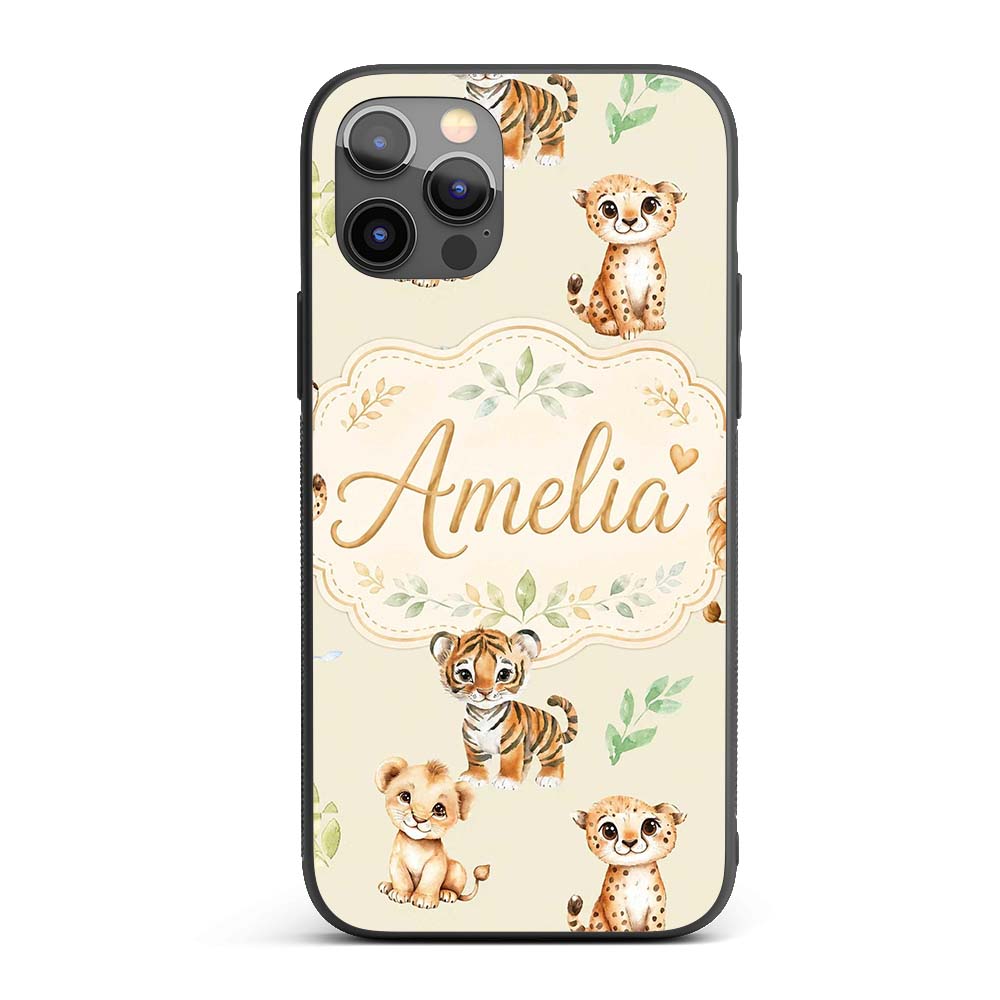 Cute Baby Jungle Animals with Leaves on Light Custom Name Protective Phone Case Mobile Cover Durable Everyday Smartphone Shock Resistant
