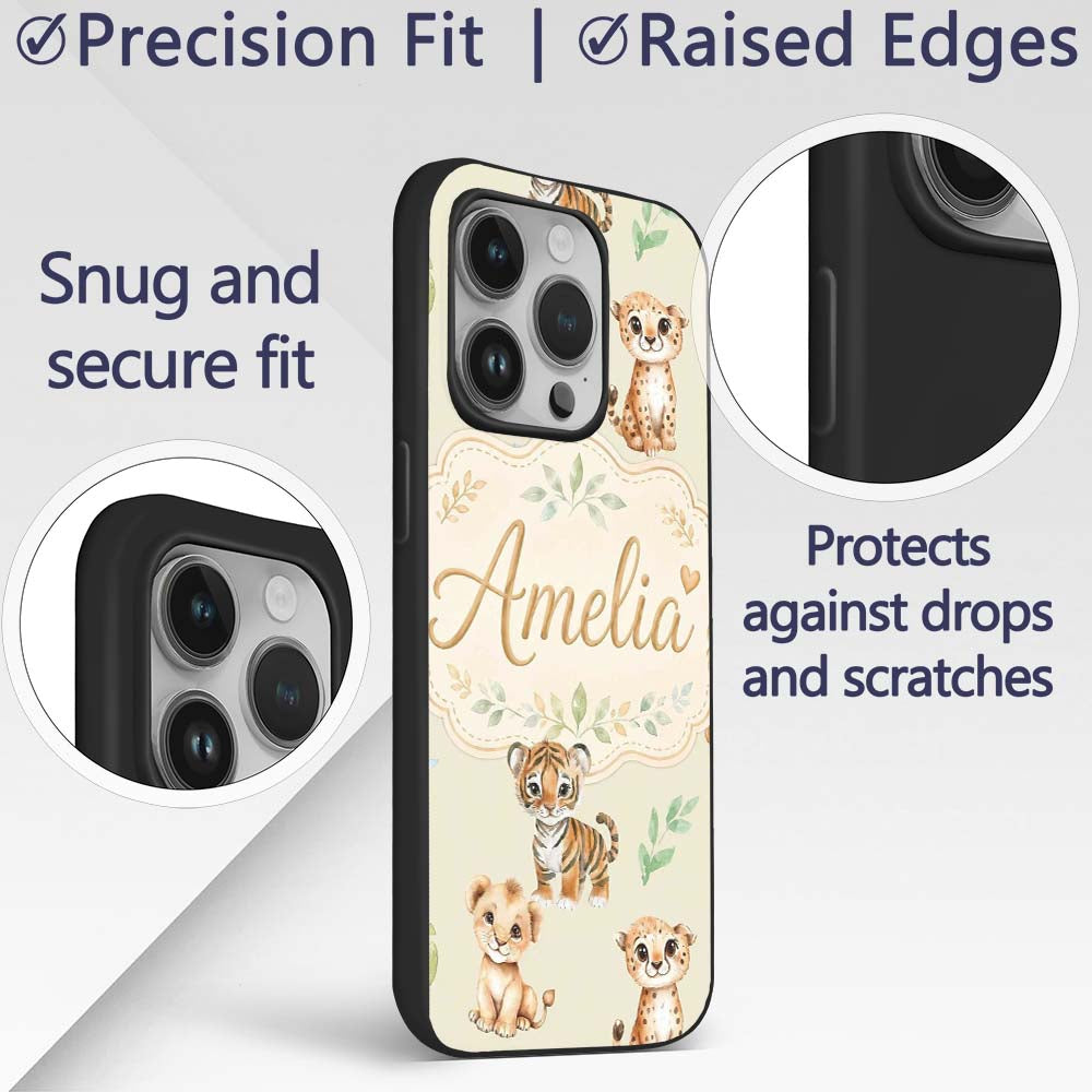Cute Baby Jungle Animals with Leaves on Light Custom Name Protective Phone Case Mobile Cover Durable Everyday Smartphone Shock Resistant
