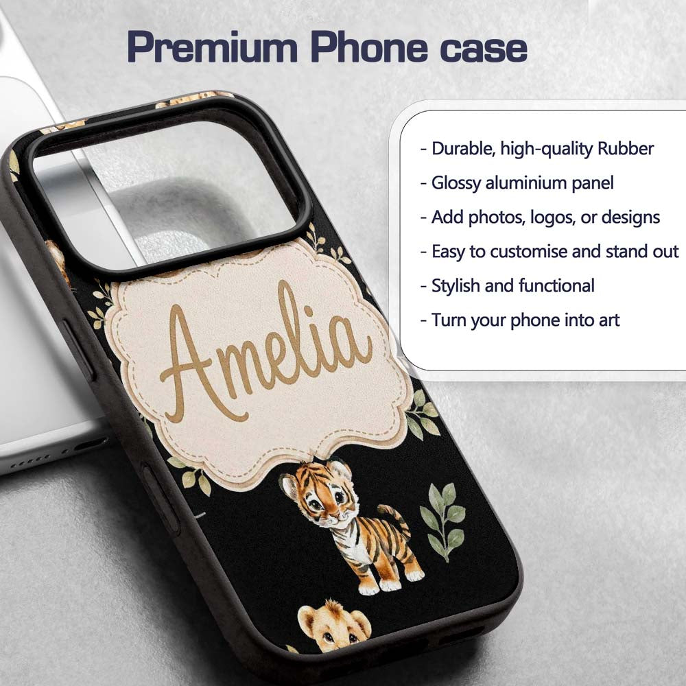 Cute Baby Jungle Animals with Leaves on Cream Custom Name Protective Phone Case Mobile Cover Durable Everyday Smartphone Shock Resistant