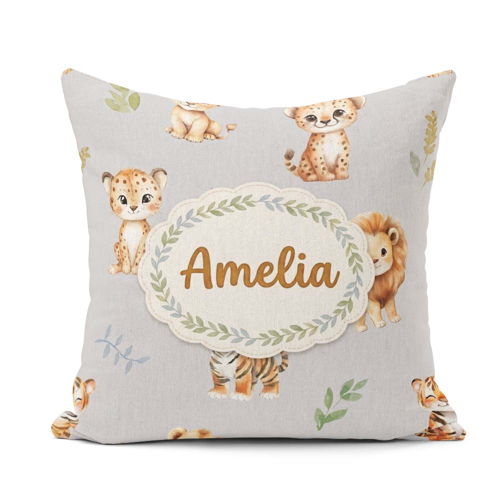 Custom Name Cute Baby Jungle Animals with Leaves on Light Grey Square Filled Cushion Throw Pillow Sofa Bed Home Decor Zip Washable UK Made