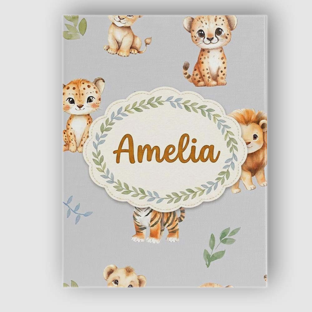 Personalised Name Cute Baby Jungle Animals Custom Unique Gift Idea Elegant Feature Canvas Wall Art Print Decor Picture Ready to Hang