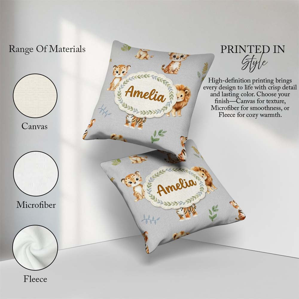 Custom Name Cute Baby Jungle Animals with Leaves on Light Grey Square Filled Cushion Throw Pillow Sofa Bed Home Decor Zip Washable UK Made