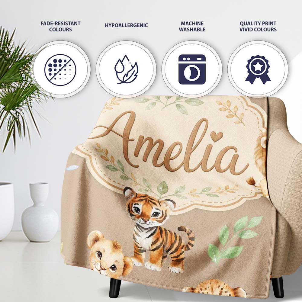 Cute Baby Jungle Animals with Leaves on Warm Beige Background Lovely Personalised Custom Name Super Soft Fleece Blanket Bed Sofa Throw