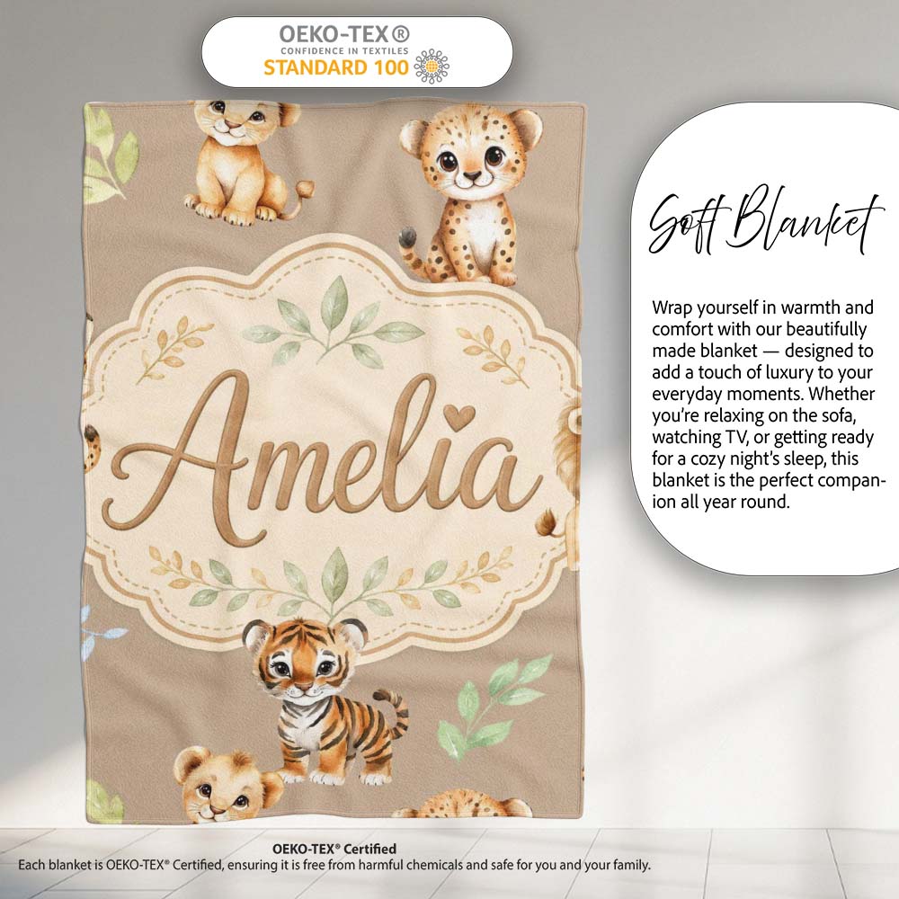 Cute Baby Jungle Animals with Leaves on Warm Beige Background Lovely Personalised Custom Name Super Soft Fleece Blanket Bed Sofa Throw
