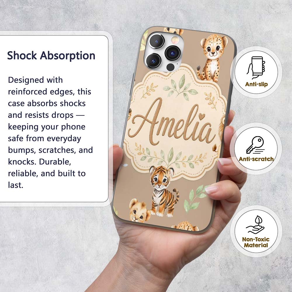 Cute Baby Jungle Animals with Leaves on Warm Custom Name Protective Phone Case Mobile Cover Durable Everyday Smartphone Shock Resistant