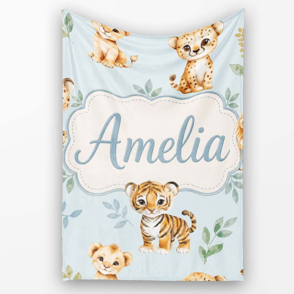 Cute Baby Jungle Animals with Leaves on Soft Blue Background Lovely Personalised Custom Name Super Soft Fleece Blanket Bed Sofa Throw