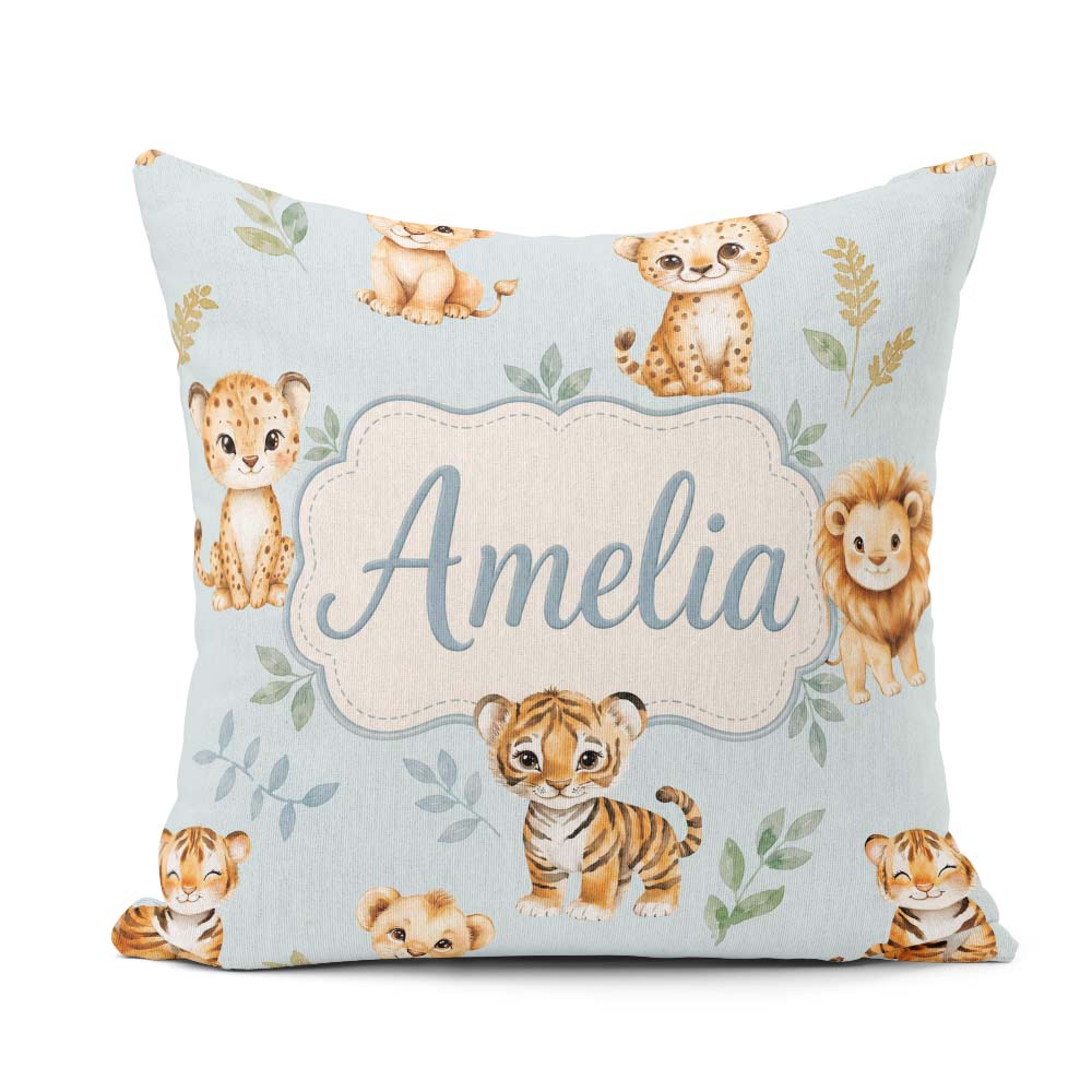 Custom Name Cute Baby Jungle with Leaves on Soft Blue Background Square Filled Cushion Throw Pillow Sofa Bed Home Decor Zip Washable UK Made