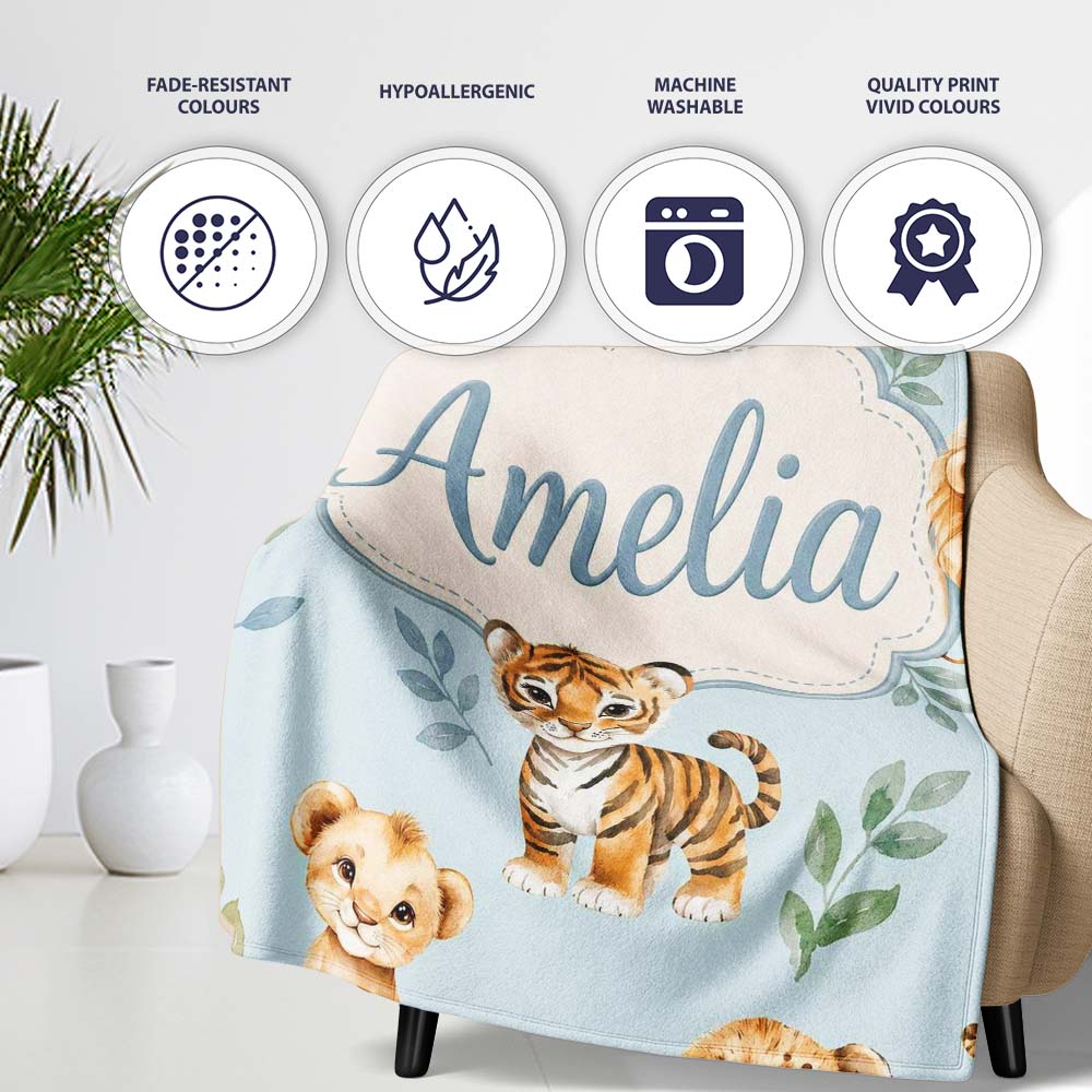 Cute Baby Jungle Animals with Leaves on Soft Blue Background Lovely Personalised Custom Name Super Soft Fleece Blanket Bed Sofa Throw