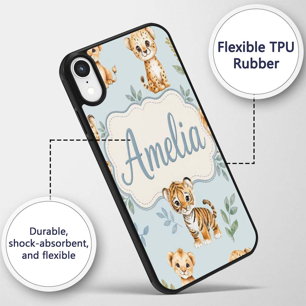 Cute Baby Jungle Animals with Leaves on Soft Blue Custom Name Protective Phone Case Mobile Cover Durable Everyday Smartphone Shock Resistant