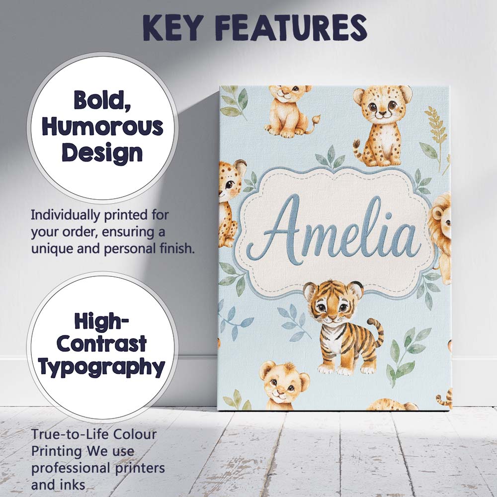 Personalised Name Cute Baby Jungle Animals Custom Unique Gift Idea Elegant Feature Canvas Wall Art Print Decor Picture Ready to Hang
