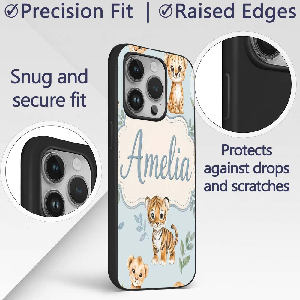 Cute Baby Jungle Animals with Leaves on Soft Blue Custom Name Protective Phone Case Mobile Cover Durable Everyday Smartphone Shock Resistant