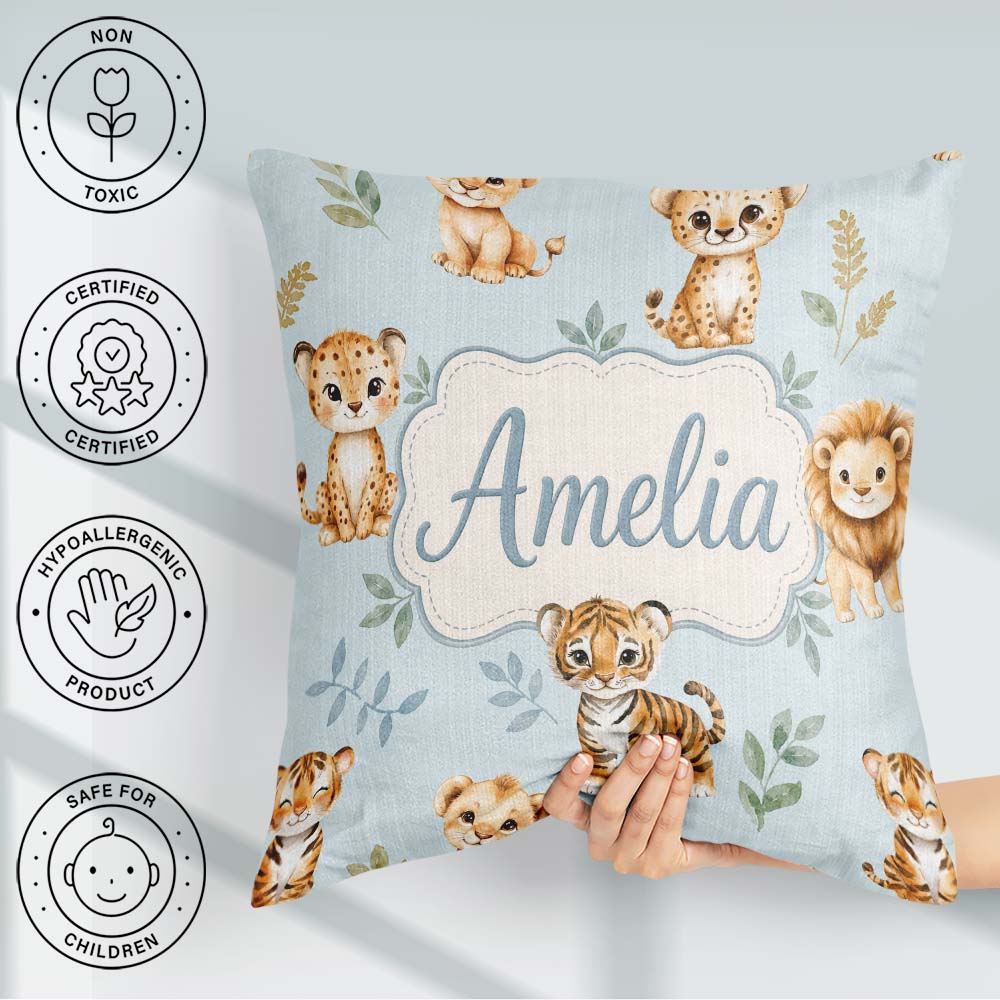 Custom Name Cute Baby Jungle with Leaves on Soft Blue Background Square Filled Cushion Throw Pillow Sofa Bed Home Decor Zip Washable UK Made