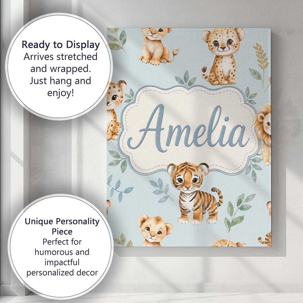 Personalised Name Cute Baby Jungle Animals Custom Unique Gift Idea Elegant Feature Canvas Wall Art Print Decor Picture Ready to Hang