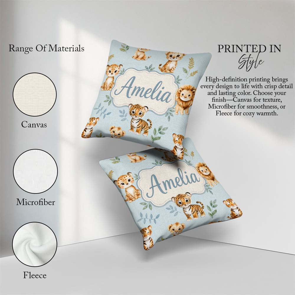 Custom Name Cute Baby Jungle with Leaves on Soft Blue Background Square Filled Cushion Throw Pillow Sofa Bed Home Decor Zip Washable UK Made