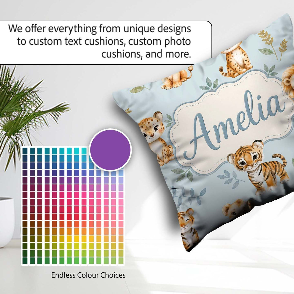 Custom Name Cute Baby Jungle with Leaves on Soft Blue Background Square Filled Cushion Throw Pillow Sofa Bed Home Decor Zip Washable UK Made