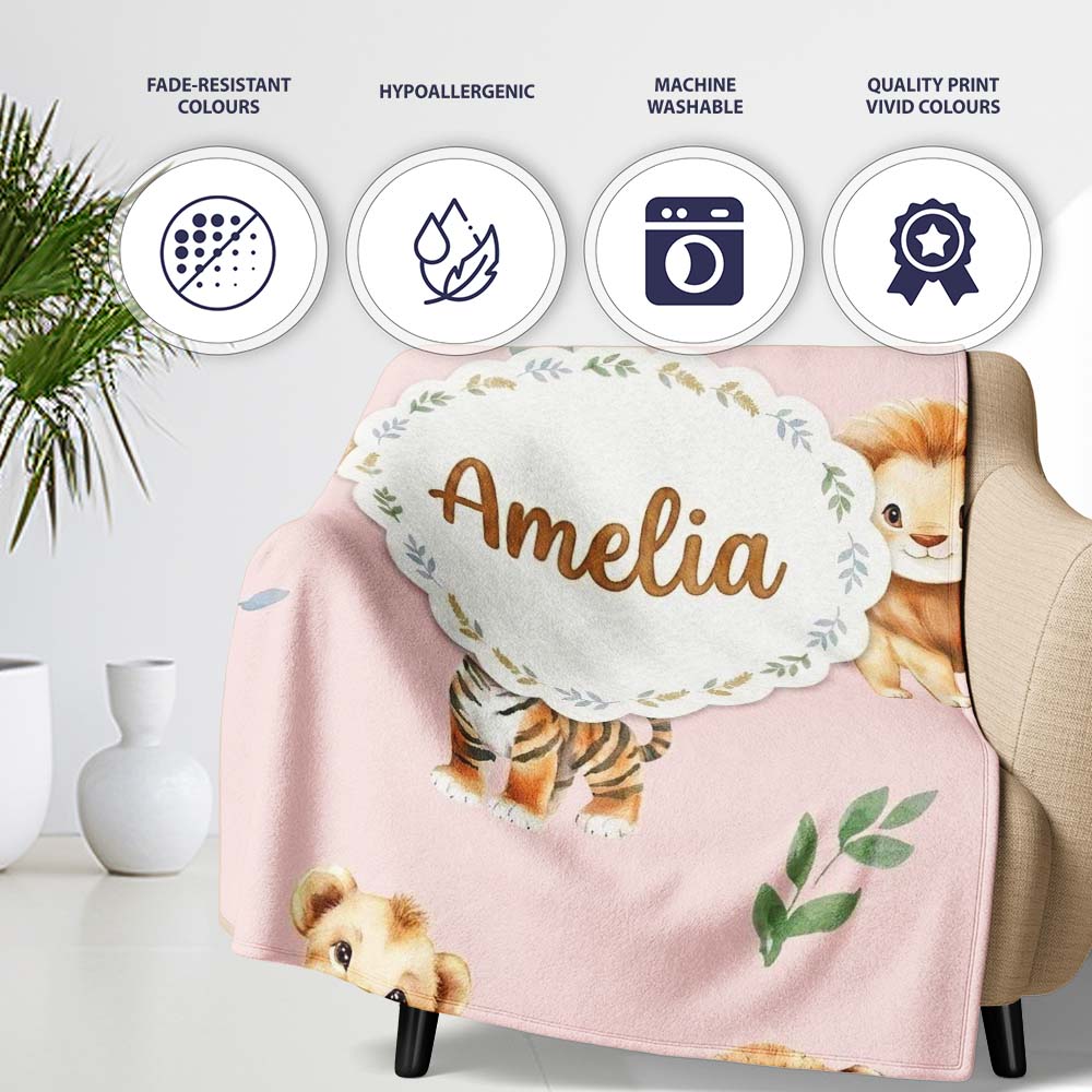 Cute Baby Jungle Animals with Leaves on Blush Pink Background Lovely Personalised Custom Name Super Soft Fleece Blanket Bed Sofa Throw