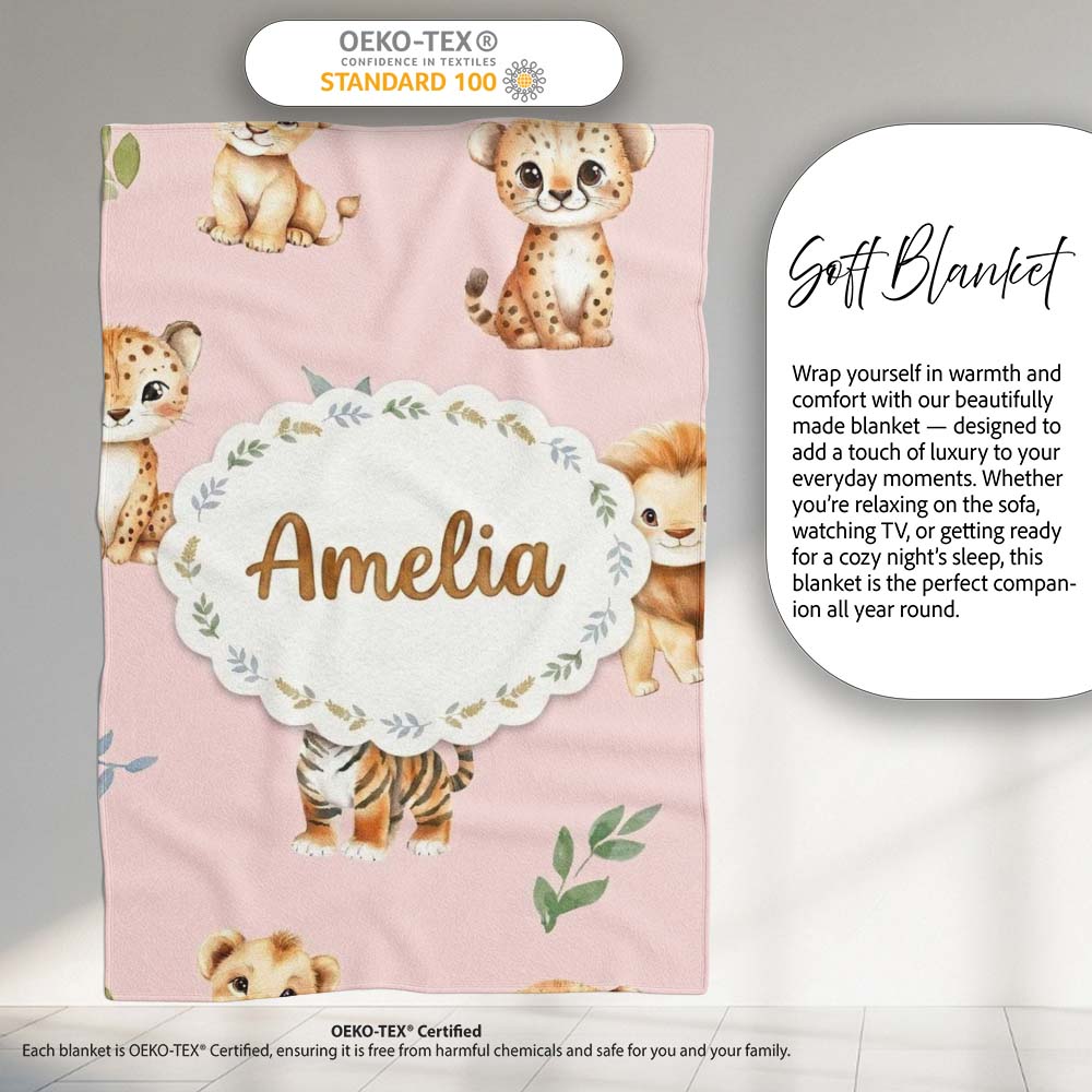 Cute Baby Jungle Animals with Leaves on Blush Pink Background Lovely Personalised Custom Name Super Soft Fleece Blanket Bed Sofa Throw
