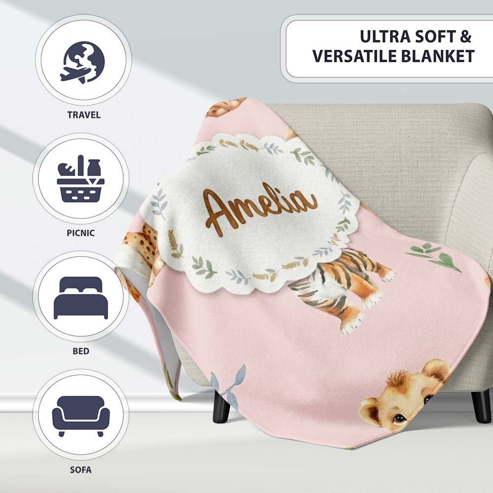 Cute Baby Jungle Animals with Leaves on Blush Pink Background Lovely Personalised Custom Name Super Soft Fleece Blanket Bed Sofa Throw
