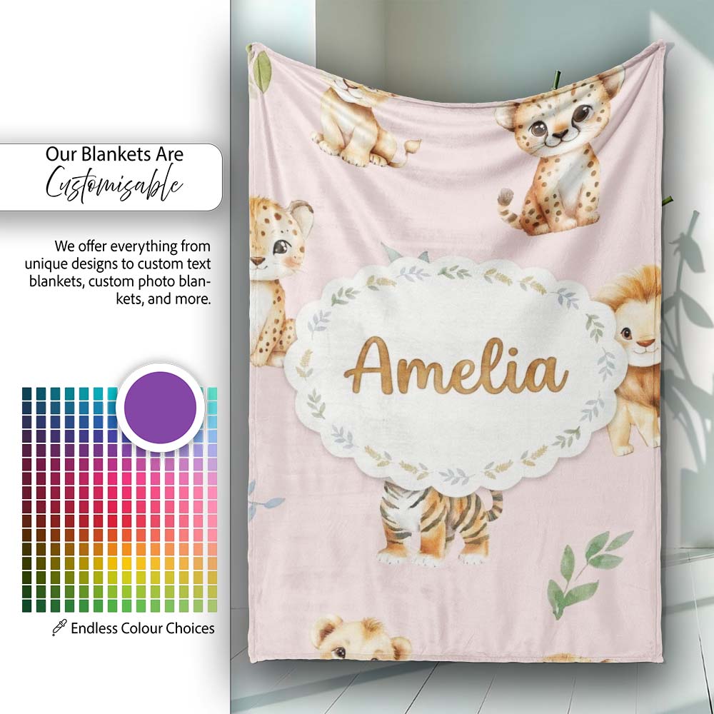 Cute Baby Jungle Animals with Leaves on Blush Pink Background Lovely Personalised Custom Name Super Soft Fleece Blanket Bed Sofa Throw