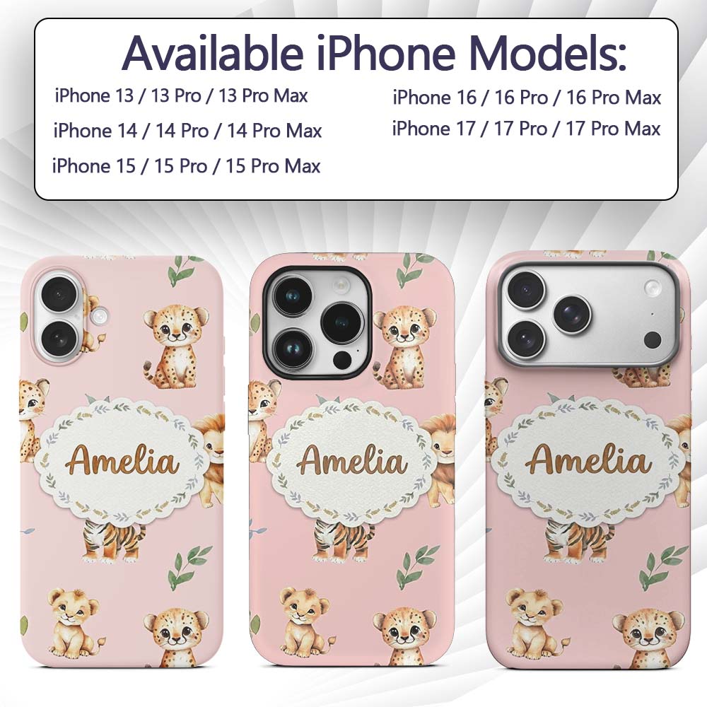 Cute Baby Jungle Animals with Leaves on Blush Custom Name Protective Phone Case Mobile Cover Durable Everyday Smartphone Shock Resistant