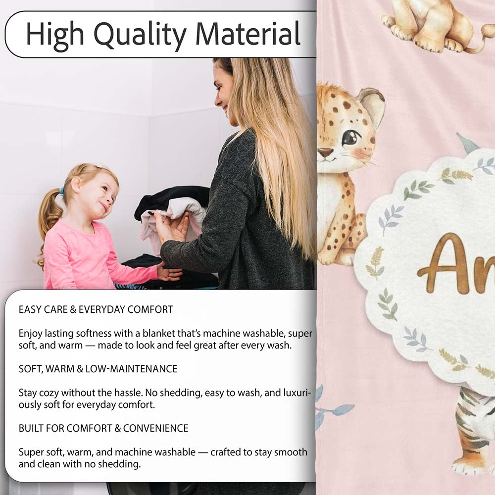 Cute Baby Jungle Animals with Leaves on Blush Pink Background Lovely Personalised Custom Name Super Soft Fleece Blanket Bed Sofa Throw