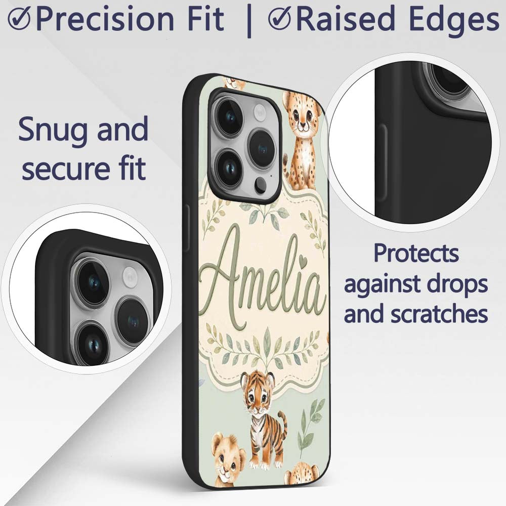 Cute Baby Jungle Animals with Leaves on Sage Custom Name Protective Phone Case Mobile Cover Durable Everyday Smartphone Shock Resistant