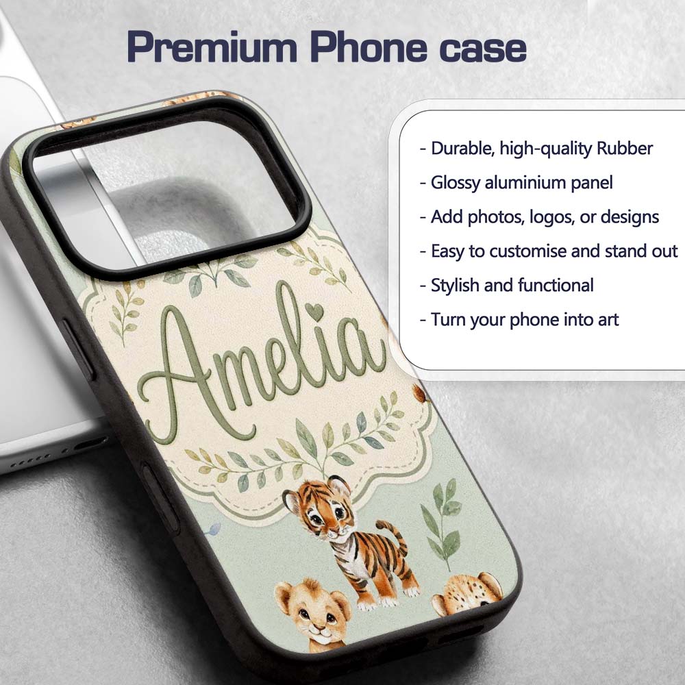 Cute Baby Jungle Animals with Leaves on Sage Custom Name Protective Phone Case Mobile Cover Durable Everyday Smartphone Shock Resistant