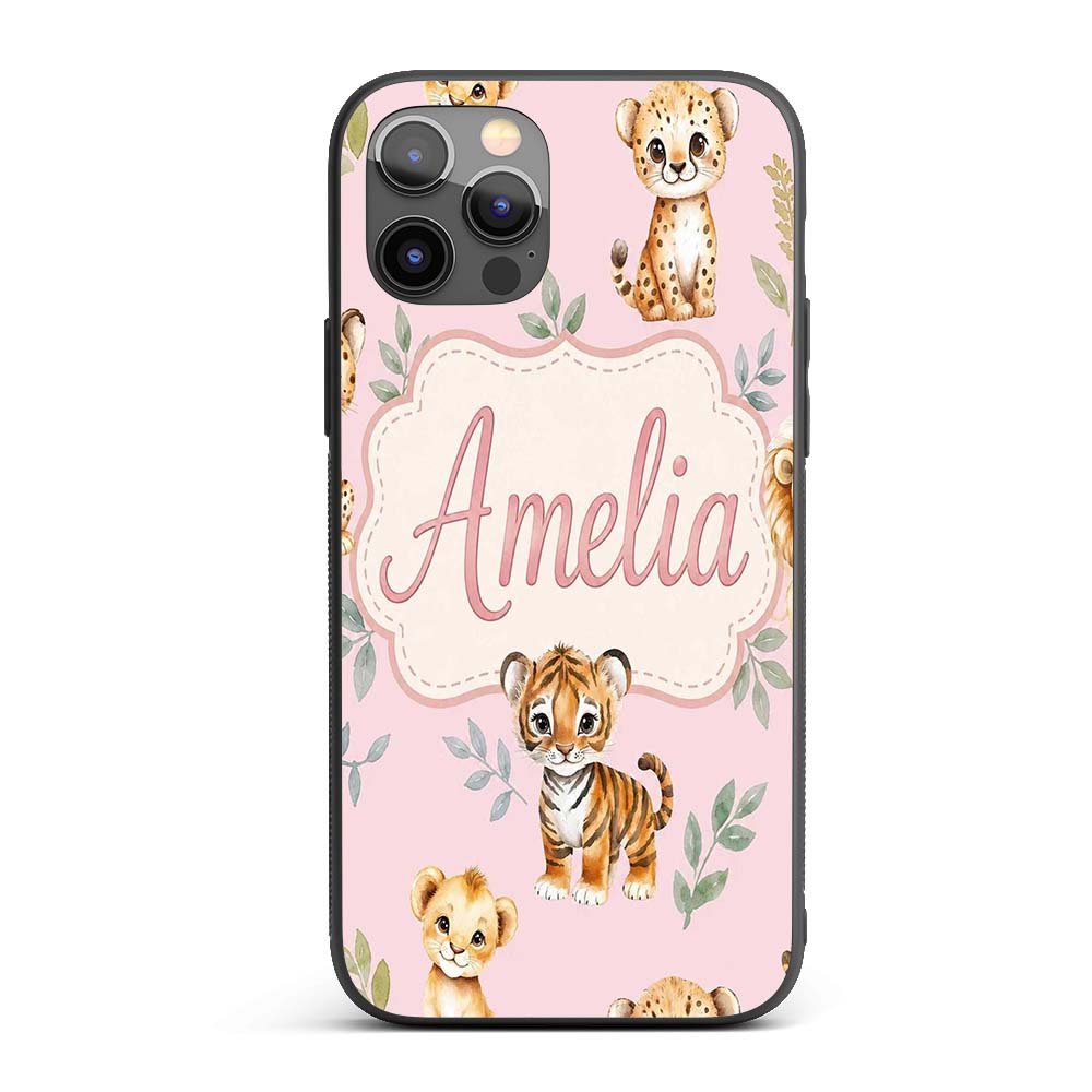 Cute Baby Jungle Animals with Leaves on Dusty Custom Name Protective Phone Case Mobile Cover Durable Everyday Smartphone Shock Resistant