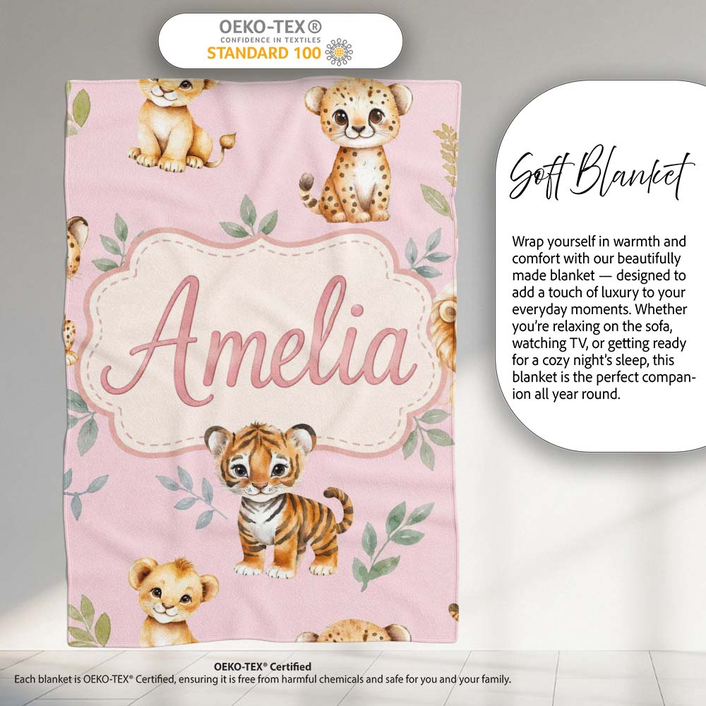 Cute Baby Jungle Animals with Leaves on Dusty Rose Background Lovely Personalised Custom Name Super Soft Fleece Blanket Bed Sofa Throw