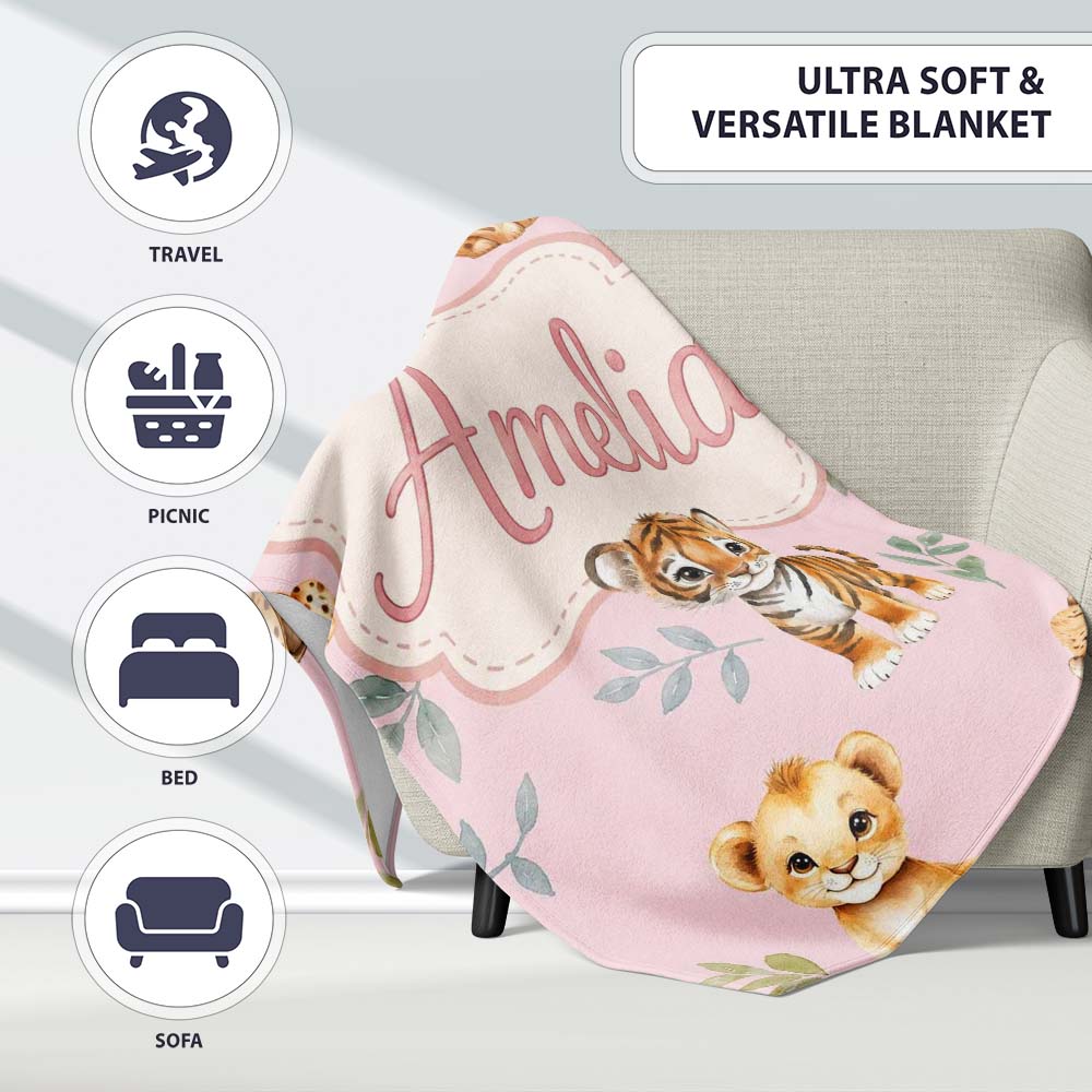 Cute Baby Jungle Animals with Leaves on Dusty Rose Background Lovely Personalised Custom Name Super Soft Fleece Blanket Bed Sofa Throw