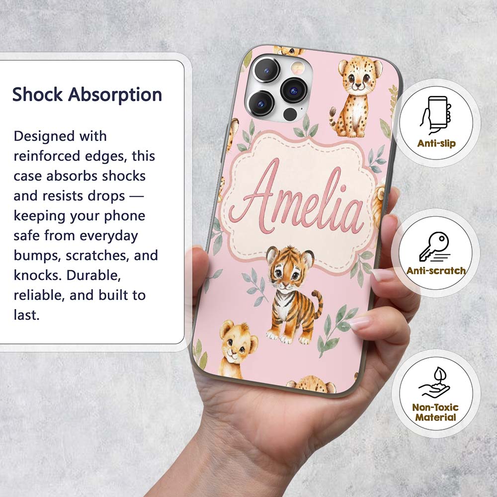 Cute Baby Jungle Animals with Leaves on Dusty Custom Name Protective Phone Case Mobile Cover Durable Everyday Smartphone Shock Resistant