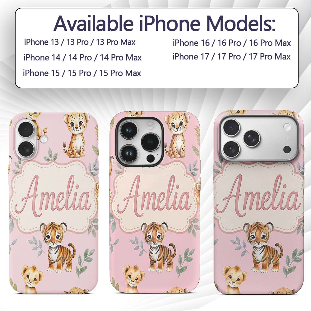 Cute Baby Jungle Animals with Leaves on Dusty Custom Name Protective Phone Case Mobile Cover Durable Everyday Smartphone Shock Resistant